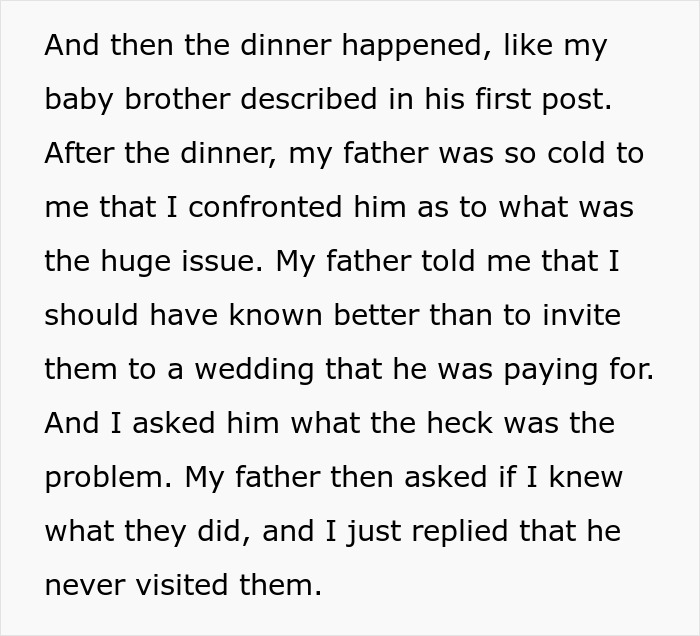 Text excerpt describing a bride confronting her father about family issues and regrets inviting them to the wedding.