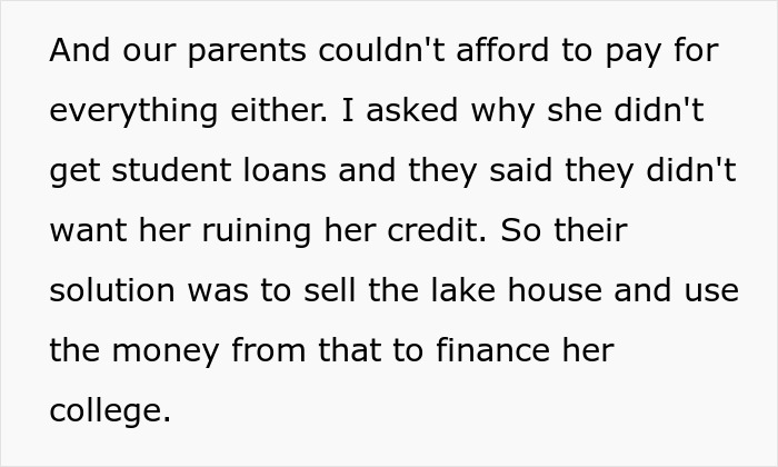 Text excerpt discussing financial struggles including student loans, credit concerns, and selling a lake house. Text excerpt discussing financial struggles including student loans, credit concerns, and selling a lake house.