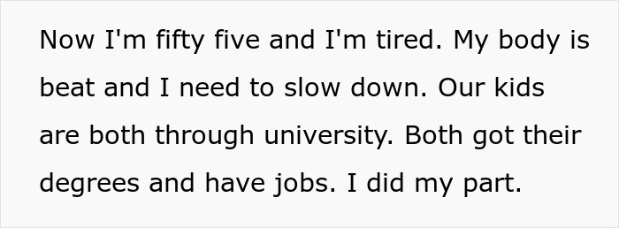 Woman expressing exhaustion and frustration about adult kids not having luxury cars, while husband suggests she get a job.
