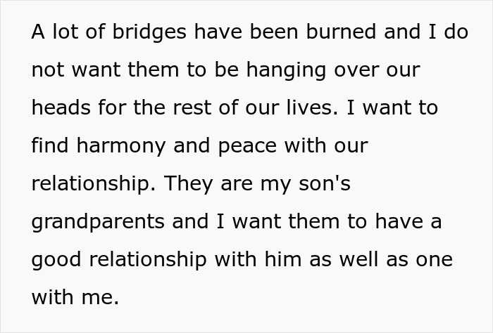 Text excerpt about new mom's anxiety and desire for harmony with in-laws and son's grandparents.