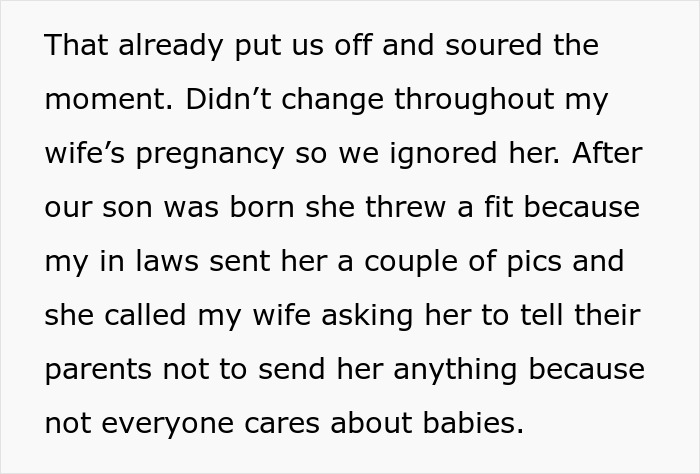 Text describing a rude family relationship involving a baby and conflict over sharing pictures after birth.