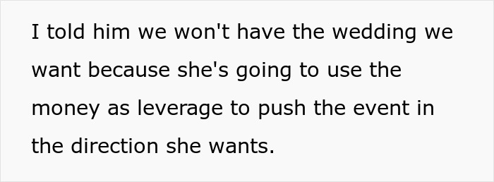 Text on image explaining concern about using a $25K wedding gift as leverage to control wedding plans.