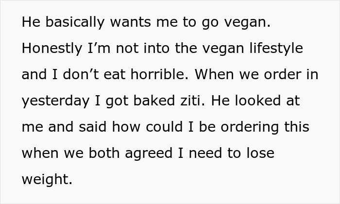 Text excerpt discussing a man who constantly nags his girlfriend about losing weight after she orders baked ziti.