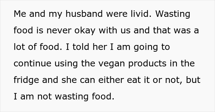 Text excerpt about a mom and husband upset over wasting food, discussing vegan products and food waste.