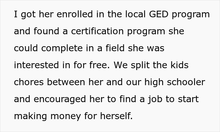 Text about enrolling in GED and a certification program, splitting chores, and encouraging job seeking in a living situation.