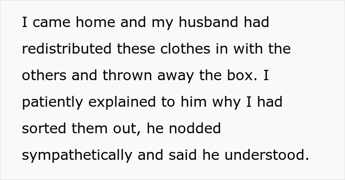 Stressed wife explaining clothes sorting to unhelpful husband who rearranged and discarded the box. Stressed wife explaining clothes sorting to unhelpful husband who rearranged and discarded the box.