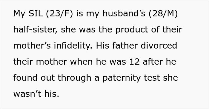 Text discussing a sister-in-law&rsquo;s family background and infidelity revealed by a paternity test.