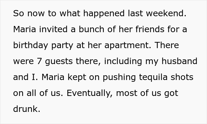 Text excerpt describing a birthday party where guests, including husband and wife, get drunk after tequila shots.