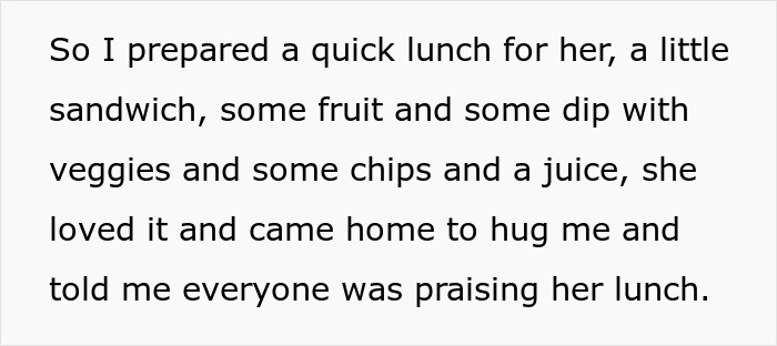 Alt text: A handwritten note about preparing a quick school lunch with sandwich, fruit, veggies, chips, and juice refused to stop making school lunches.