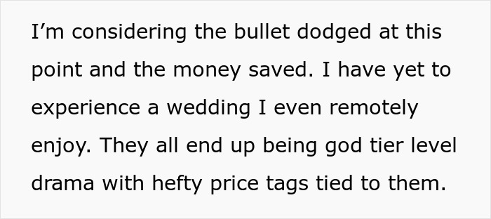 Text about weddings and drama, highlighting bride’s obsession with control affecting friendships before the wedding.