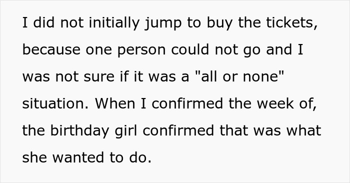 Text excerpt displayed on a plain white background describing hesitation to buy tickets due to uncertain group participation.