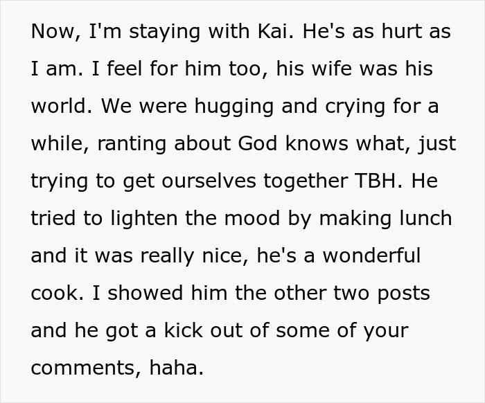 Text excerpt describing a woman’s emotional support and a husband’s kindness, highlighting themes of cheating jerk.