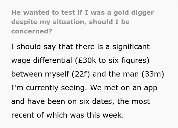 Text excerpt discussing a gold-digger test situation involving wage differences between two people on six dates.