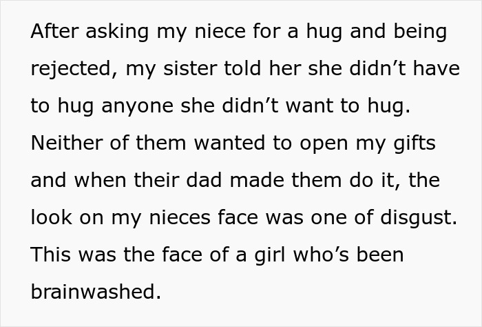 Text describing a man feeling sad about niblings being brainwashed to hate him, deciding to cut contact with family.