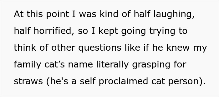 Text excerpt about a boyfriend keeping notes on favorite foods while forgetting his girlfriend's cat's name, showing romantic indifference.