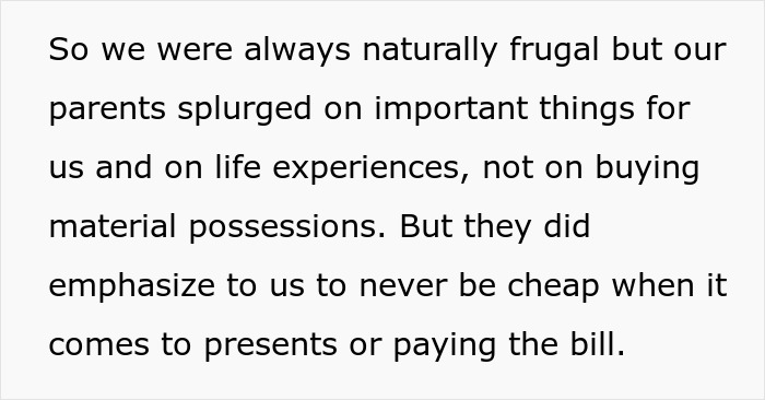 A screenshot of text on a light background, discussing parents teaching frugality but emphasizing generosity with gifts or bills, echoing the ring complaint context.