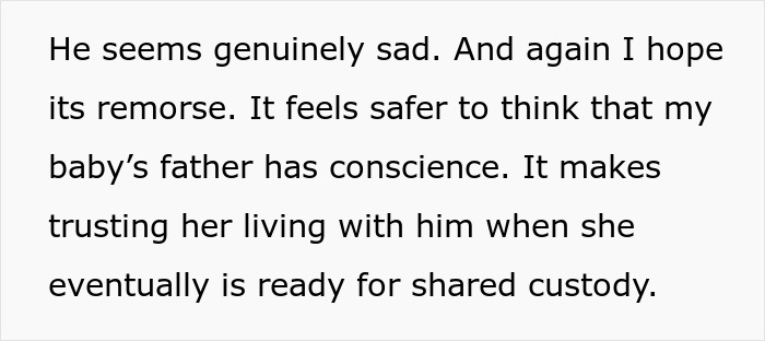 Text excerpt showing a woman reflecting on her baby&rsquo;s father&rsquo;s remorse after uncovering husband&rsquo;s affair.