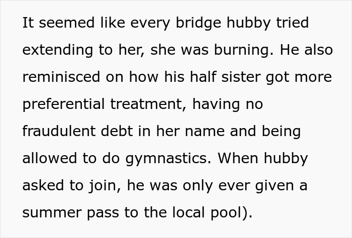 Text excerpt describing preferential treatment and debt issues related to fraudulent debt and gymnastics involvement.