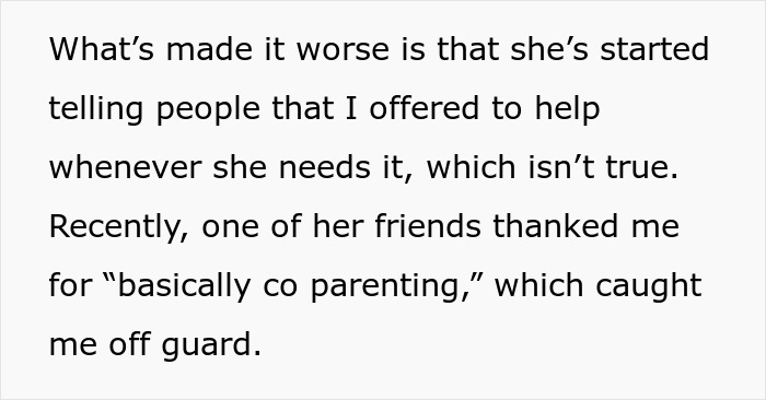 Text excerpt about a mom using sister as a free sitter, leading to feelings of co-parenting without consent.
