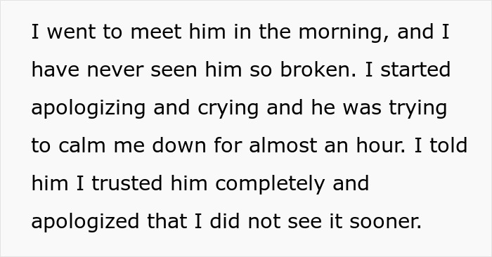 Text excerpt showing a person describing meeting someone in the morning and apologizing after seeing them broken.
