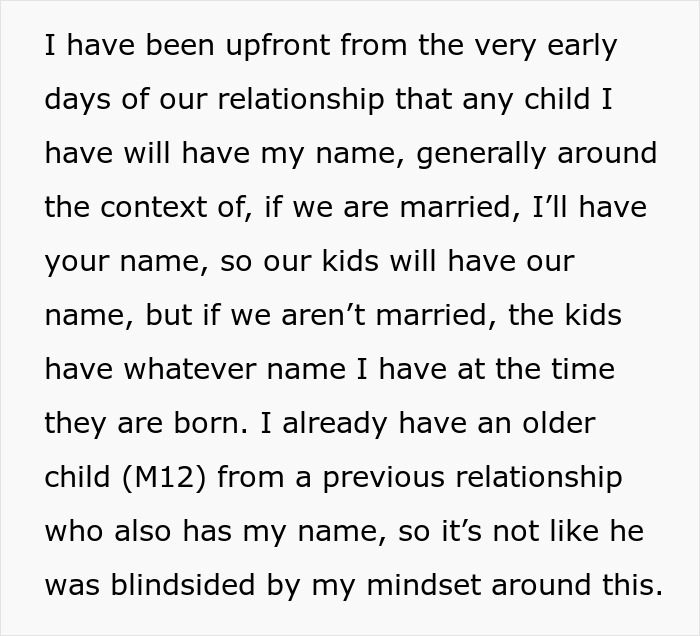 Text excerpt explaining a woman&rsquo;s stance on giving her baby her own last name if not married, emphasizing name choice.