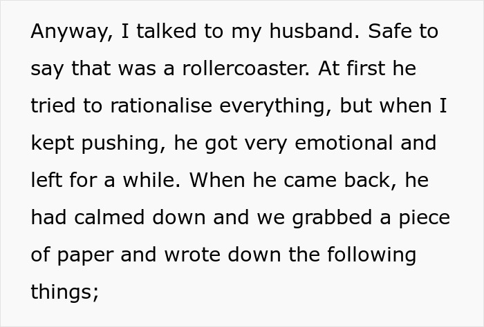 Text about emotional husband after discussing expected money gift from in-laws, focusing on husband and family conflict resolution.