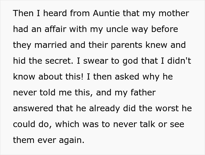 Text revealing why the bride's dad cut off his family, explaining the secret affair and family estrangement.