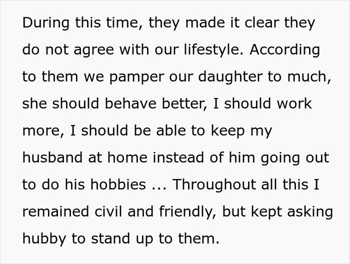 Text excerpt about in-laws disagreeing with lifestyle, highlighting expectations and family dynamics involving husband and wife.