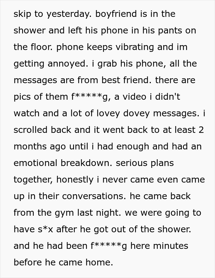 Text message revealing a woman&rsquo;s emotional breakdown after discovering boyfriend&rsquo;s betrayal with his female friend.