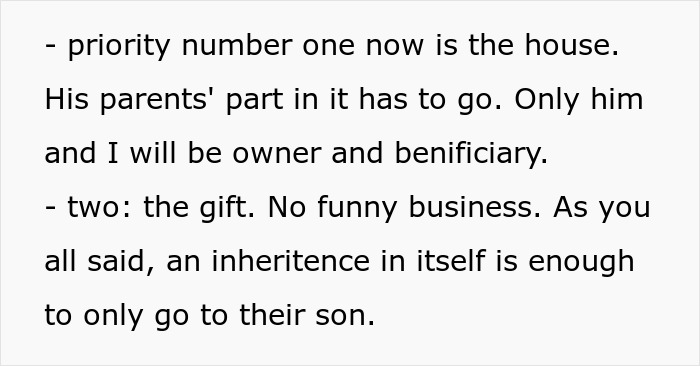 Text excerpt discussing house ownership and gift inheritance meant only for husband, highlighting family money expectations.