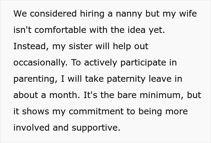 Text explaining plans for parenting support and paternity leave, addressing being the breadwinner and helping pregnant wife.
