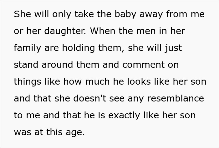 Text discussing a new mom's anxiety triggered by in-laws holding the baby and making comparisons to her son.