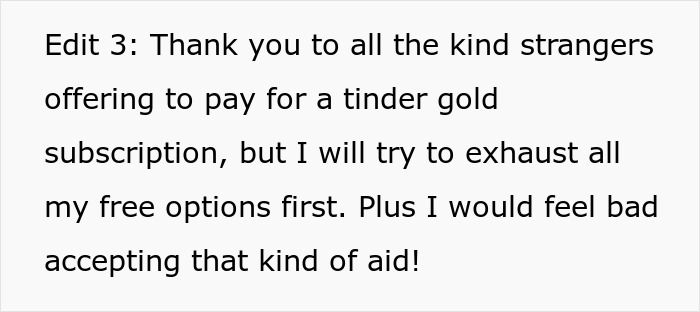 Text on screen thanking strangers offering to pay for Tinder Gold subscription while trying free options first after perfect first date abroad.