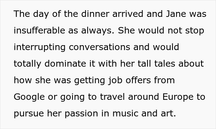 Text describing conflict at dinner where a jobless 36-year-old drags parents into competition with PhD cousin.