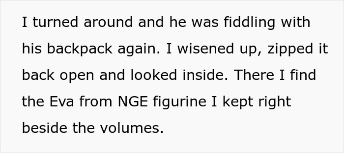 Text describing a DnD guest caught stealing manga and figurines, specifically mentioning an Eva from NGE figurine.