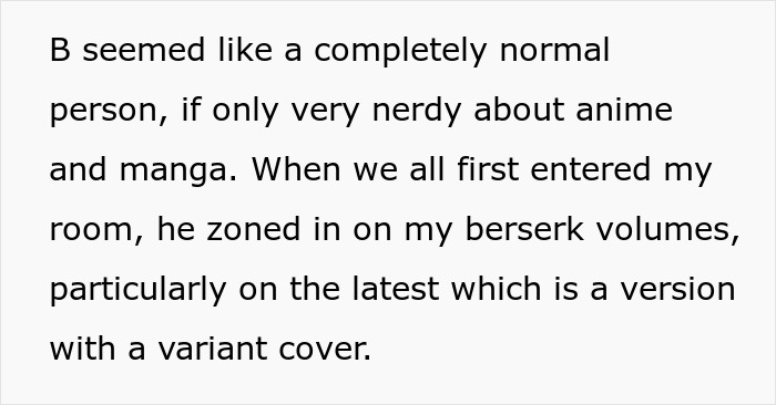 Text describing a DnD guest acting nerdy about anime and manga while caught stealing manga and figurines.