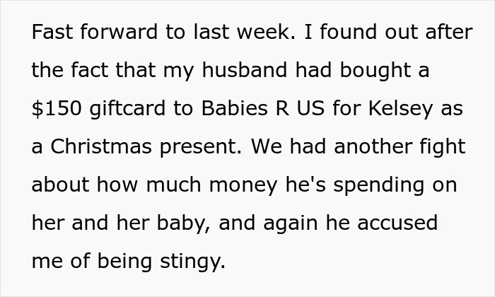 Text excerpt showing a husband buying a giftcard for pregnant coworker causing conflict with wife over spending.