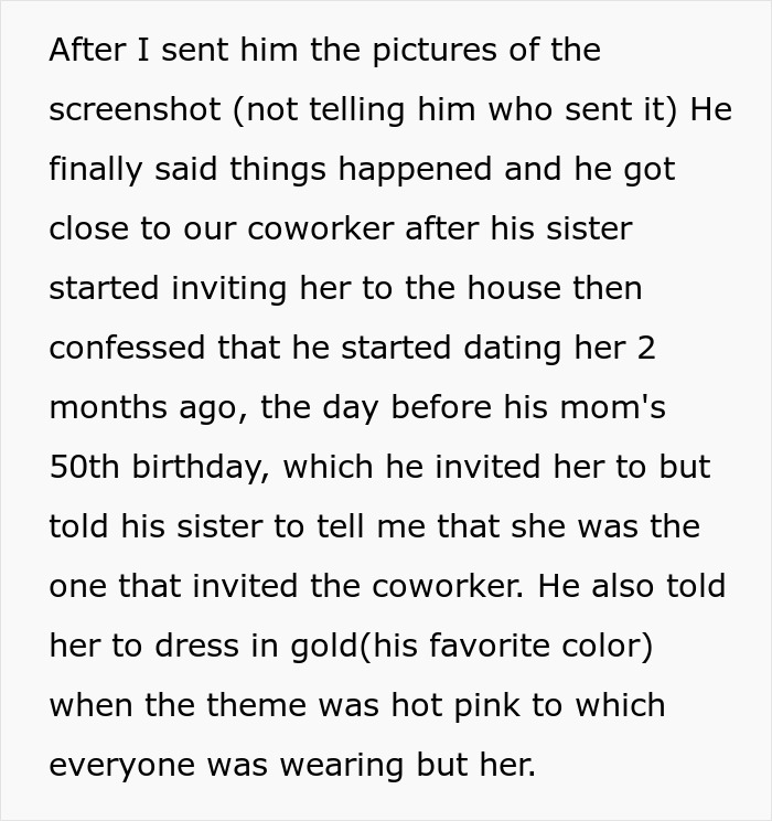 Woman congratulates boyfriend and his pregnant mistress in front of coworkers, creating an awkward workplace moment.