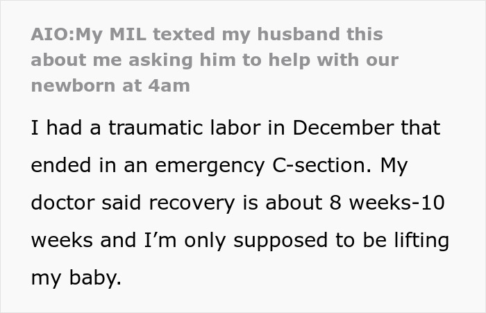 Text message about husband helping with newborn at 4 AM, highlighting concerns about caring for baby too much.