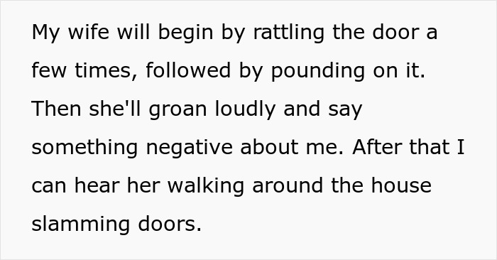 Text describing a toxic wife rattling doors, groaning, and slamming doors while humiliating her teacher husband on Zoom.