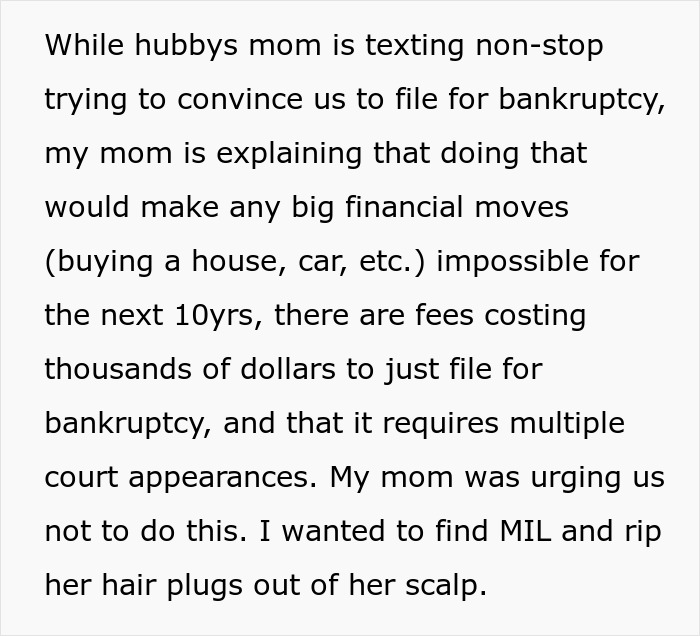 Mother-in-law insists on filing bankruptcy debt while family debates financial consequences and court fees involved.