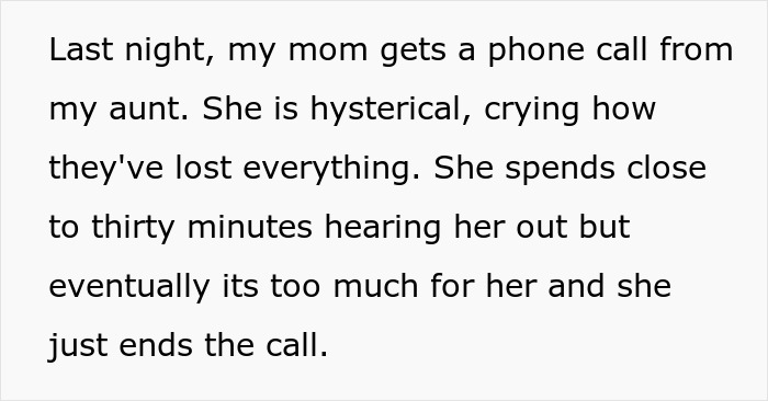 Text describing a phone call where a mom hears about losing life savings in a competition involving a jobless 36YO and PhD cousin.