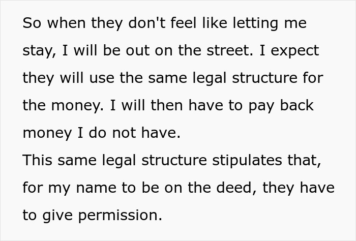 Text about a woman expecting money from in-laws with legal and financial concerns involving property deeds.