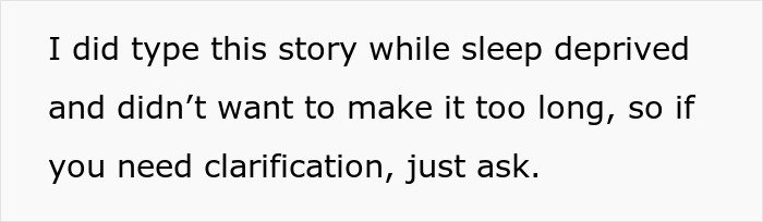 Text message on a screen about writing a story while sleep deprived, mentioning clarification if needed, related to mil wants file bankruptcy debt.