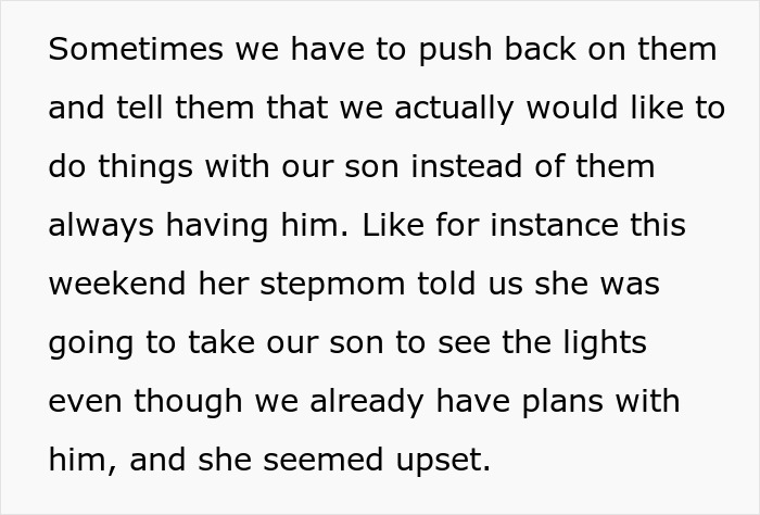Text about grandparents pushing family to leave toddler behind, causing conflict during medical school plans and family outings.