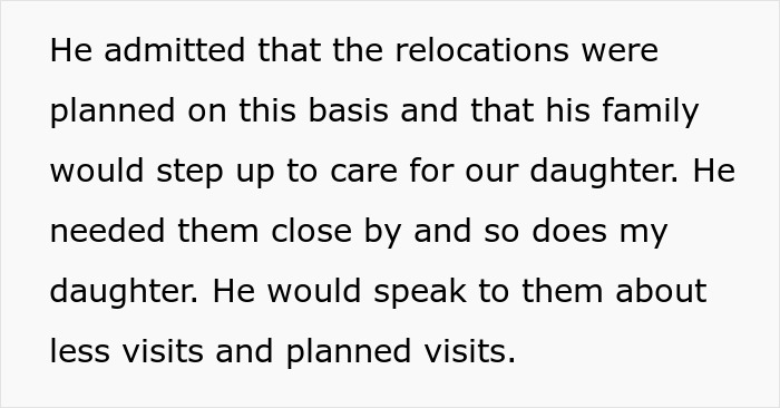 Trecho de texto sobre relocações planejadas com envolvimento familiar para cuidar da filha após mudança para evitar sogros.