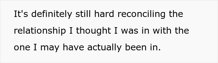 Text on a white background reading it's still hard reconciling the relationship with someone he kept notes on favorite foods.