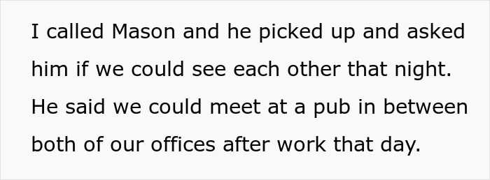 Text excerpt showing a conversation about meeting at a pub after work, related to a cheater hiding a one night stand.