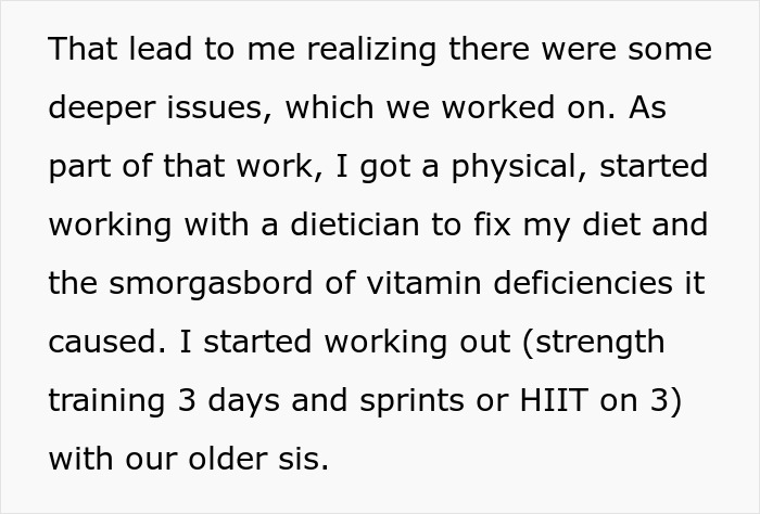 Text about working out, diet changes, and strength training with sister after identifying vitamin deficiencies. Text about working out, diet changes, and strength training with sister after identifying vitamin deficiencies.