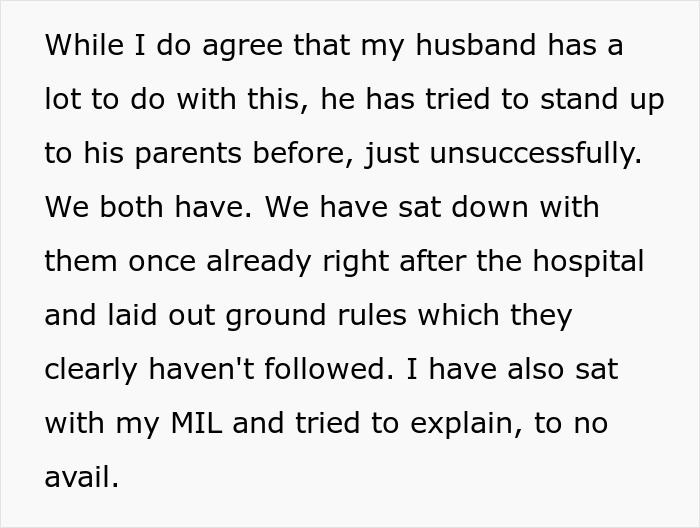 New mom experiences anxiety every time in-laws visit, with husband unable to set boundaries after multiple attempts.